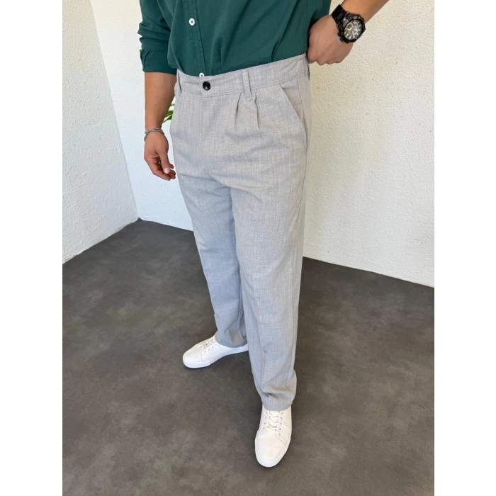 Pileli Baggy Kumaş Pantolon Melenj Gri