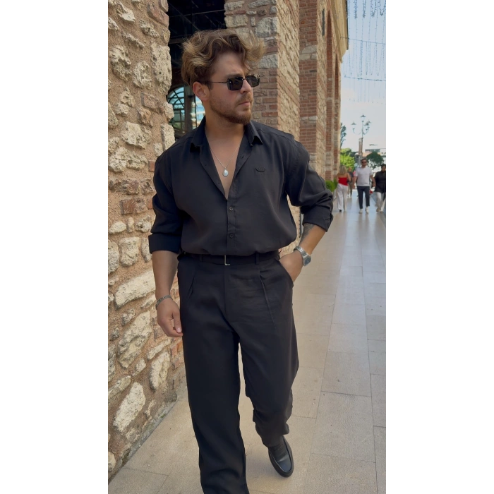 Modal Kumaş Gömlek Siyah - Kendinden Kemerli Modal Kumaş Siyah Pantolon Kombin