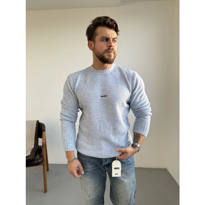 Nakış Detaylı Bisiklet Yaka Kazak Gri