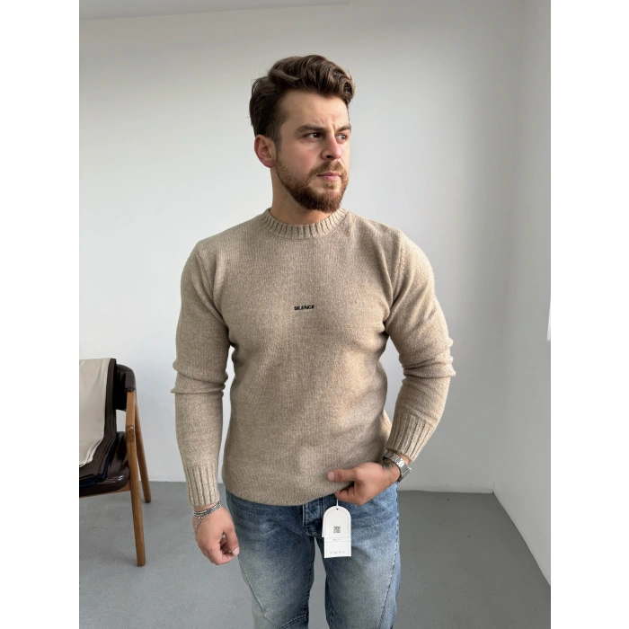 Nakış Detaylı Bisiklet Yaka Kazak Kahverengi