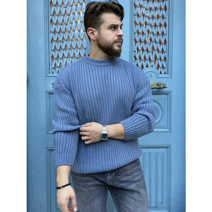 Oversize Kalıp Kalın Fitilli Kazak İndigo