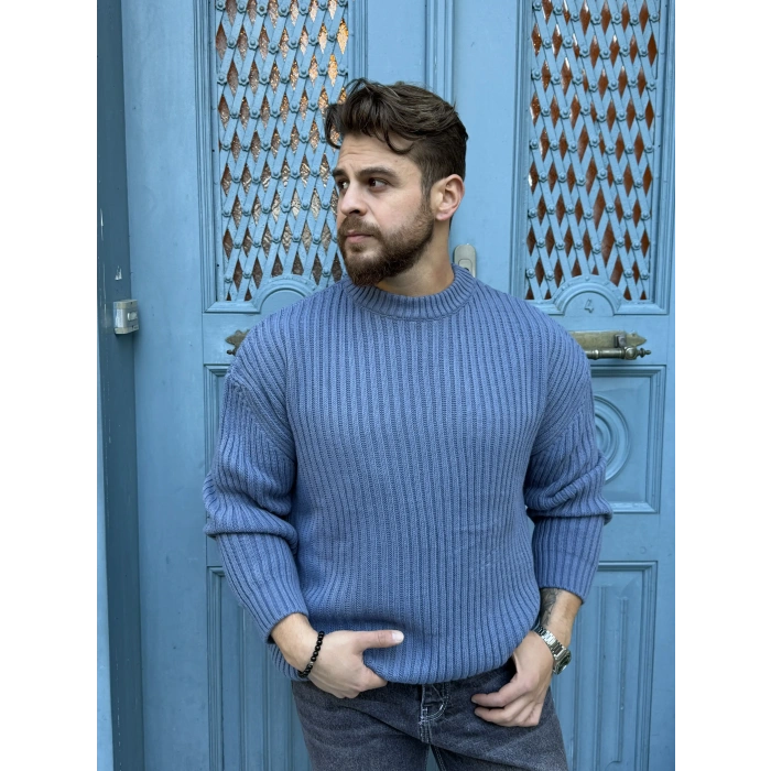 Oversize Kalıp Kalın Fitilli Kazak İndigo