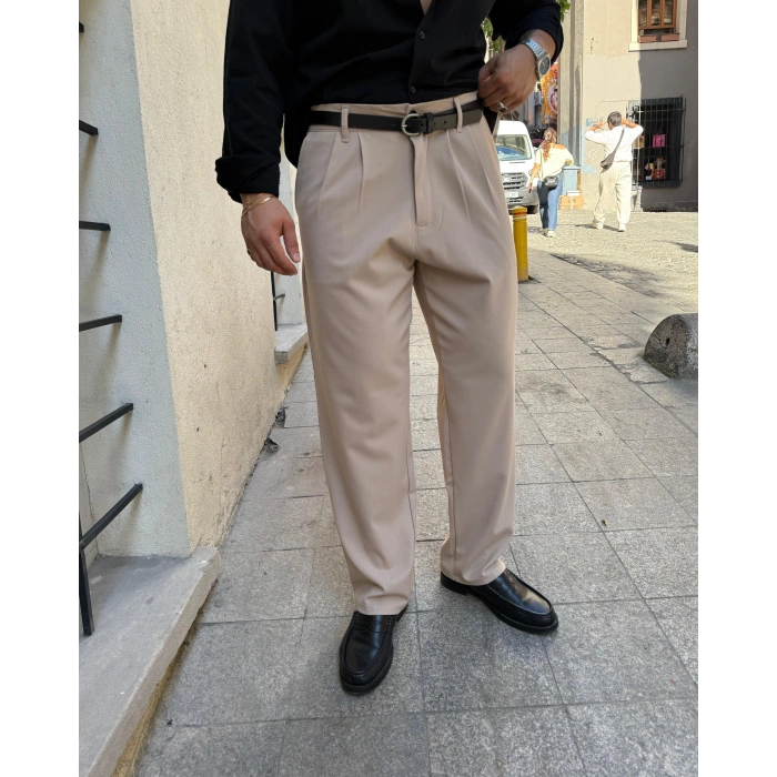 Pileli Baggy Kumaş Pantolon Krem