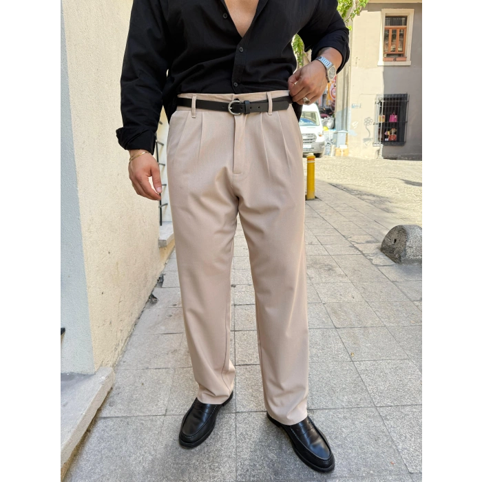 Pileli Baggy Kumaş Pantolon Krem