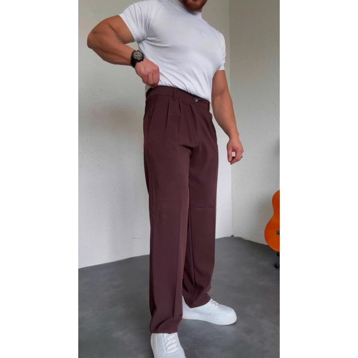 Pileli Bagy Kumaş Pantolon Acı Kahve