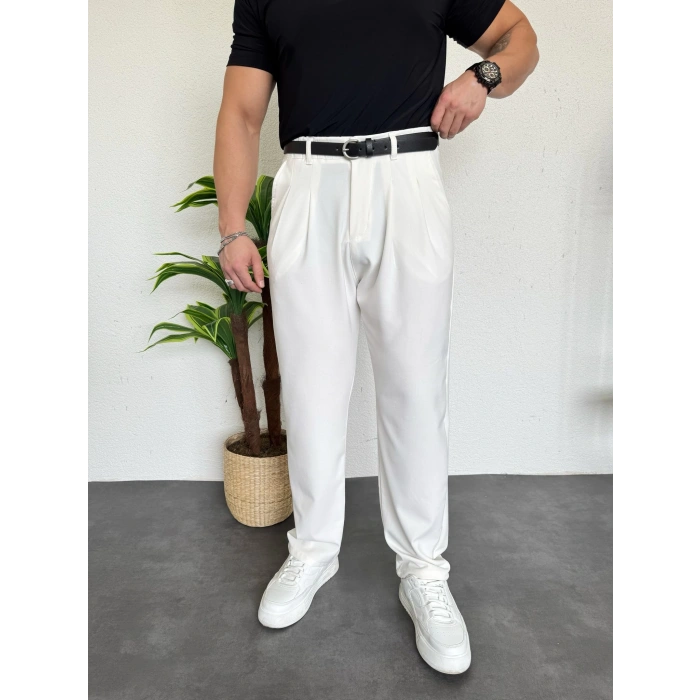 Pileli Bagy Kumaş Pantolon Beyaz