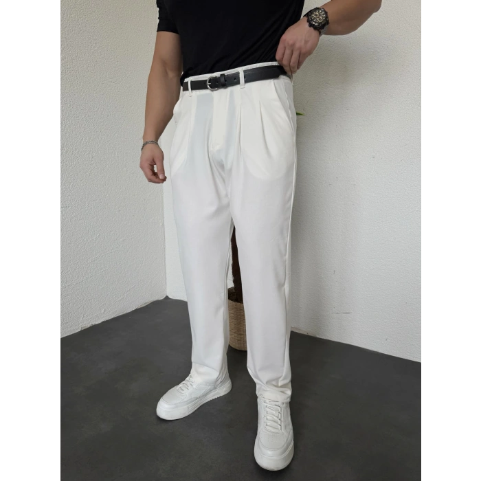 Pileli Bagy Kumaş Pantolon Beyaz