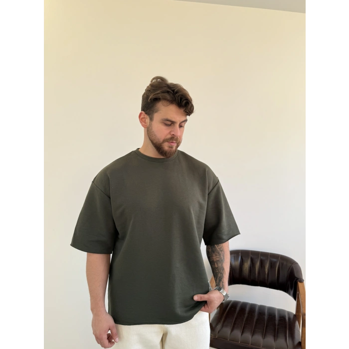 Pis Kesim Oversize Kalıp Tişört Haki Yeşil