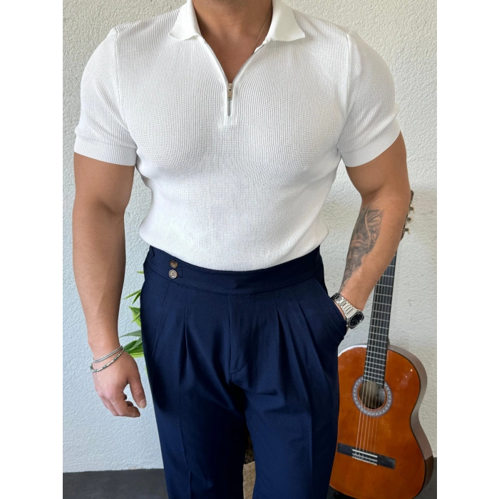 Polo Yaka Fermuarlı Triko Beyaz