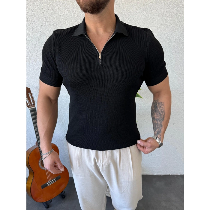 Polo Yaka Fermuarlı Triko Siyah