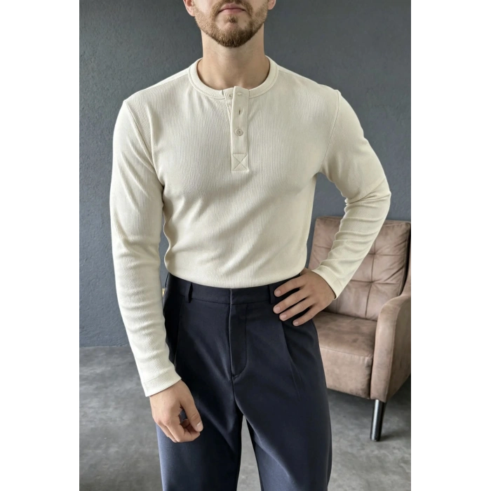 Ribana Kumaş Henley Yaka Sweat Bej