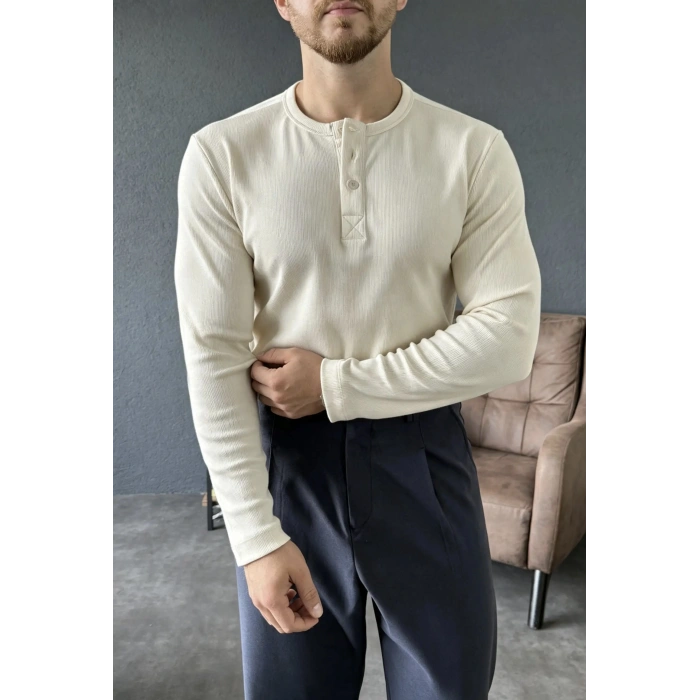 Ribana Kumaş Henley Yaka Sweat Bej