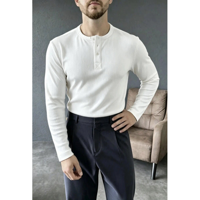 Ribana Kumaş Henley Yaka Sweat Beyaz