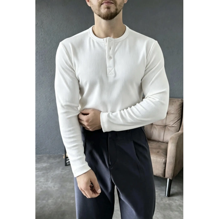 Ribana Kumaş Henley Yaka Sweat Beyaz