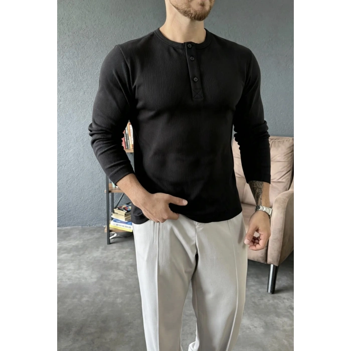Ribana Kumaş Henley Yaka Sweat Siyah