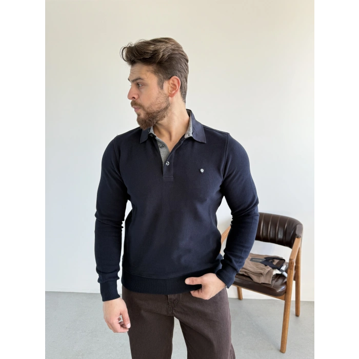 Selanik Örme Gömlek Yaka Sweat Lacivert