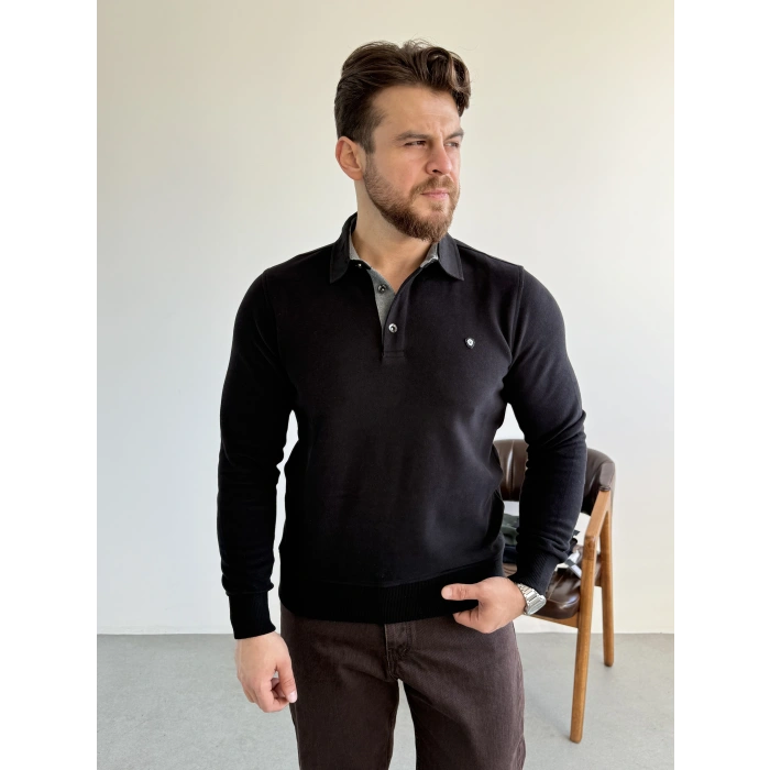 Selanik Örme Gömlek Yaka Sweat Siyah