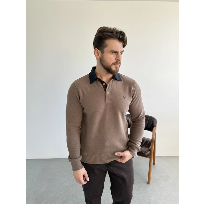 Selanik Örme Gömlek Yaka Sweat Vizon