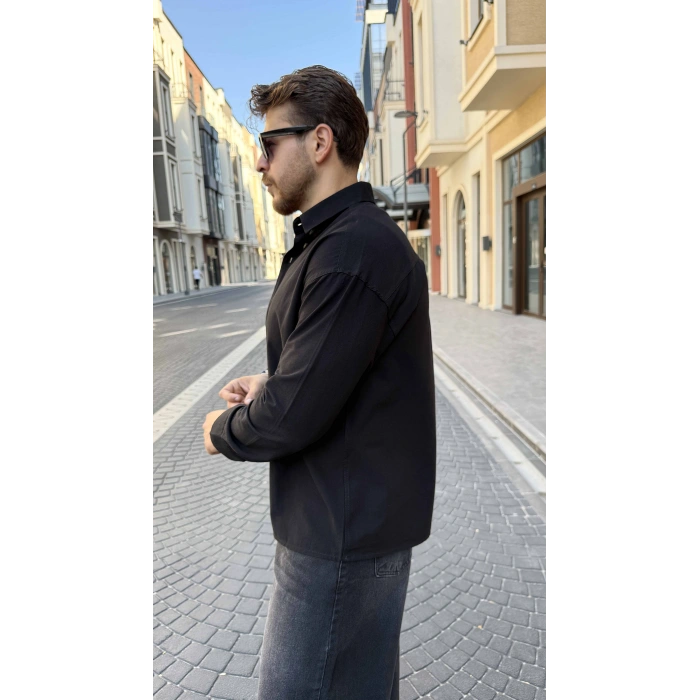 SİYAH GABARDİN CROP GÖMLEK