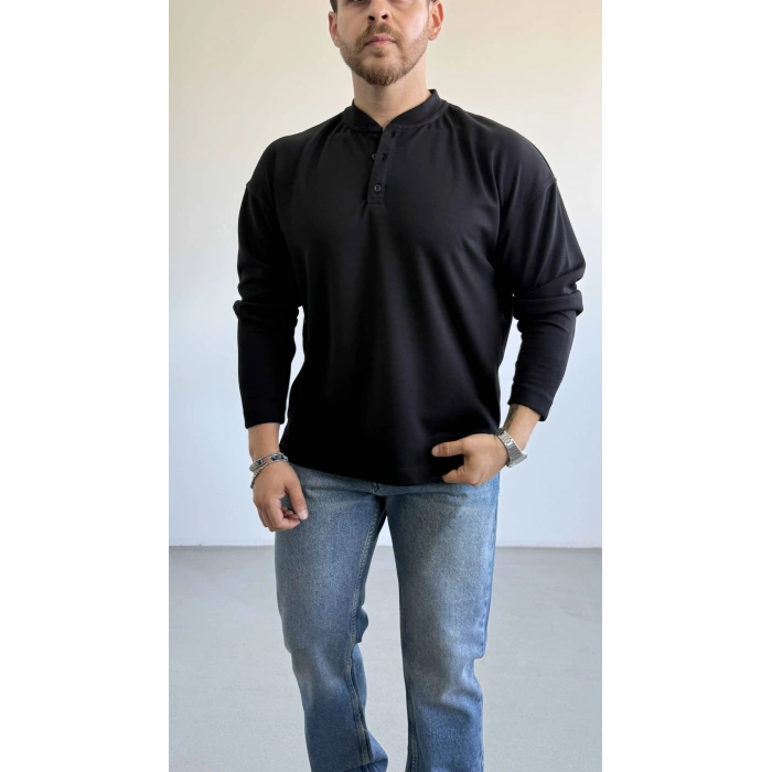 SİYAH HENLEY YAKA OVERSİZE SWEAT