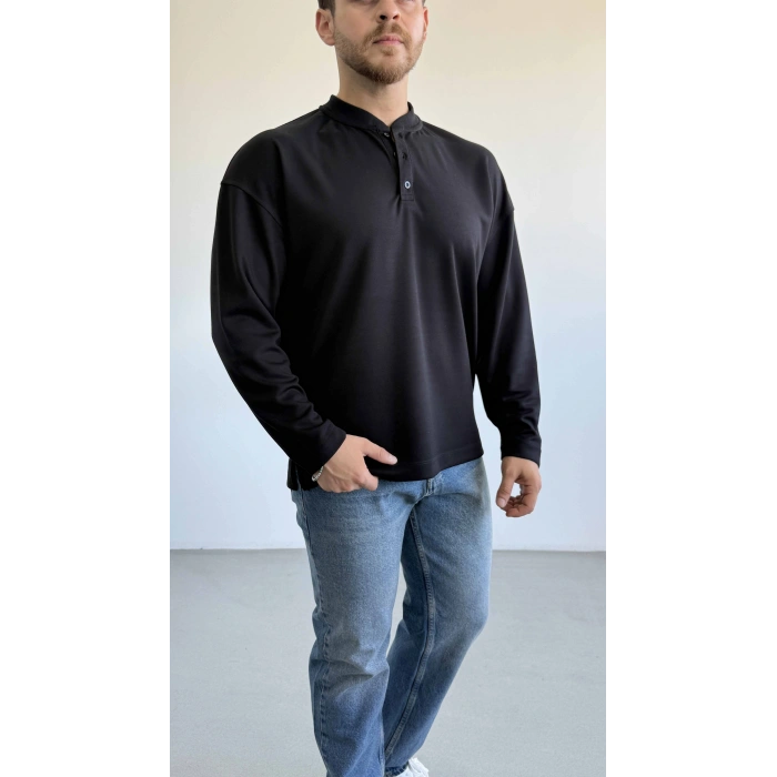SİYAH HENLEY YAKA OVERSİZE SWEAT