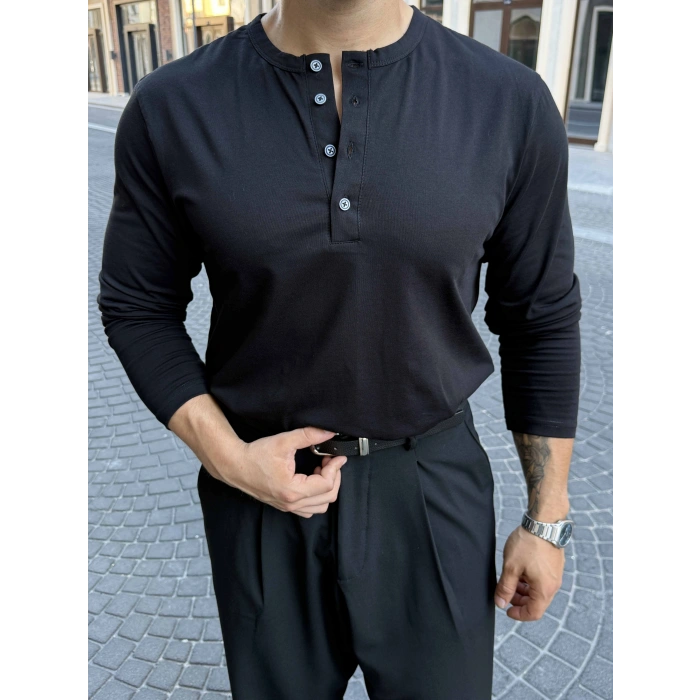 SİYAH HENLEY YAKA REGULER FİT KALIP SWEAT