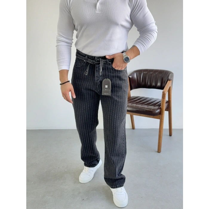 Siyah Kendinden Kemerli Düz Çimalı Kot Pantolon