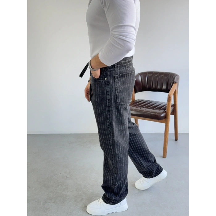 Siyah Kendinden Kemerli Düz Çimalı Kot Pantolon