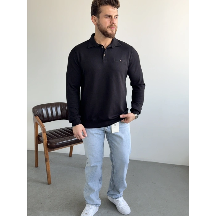 Siyah Oysh Kumaş Polo Yaka Sweat