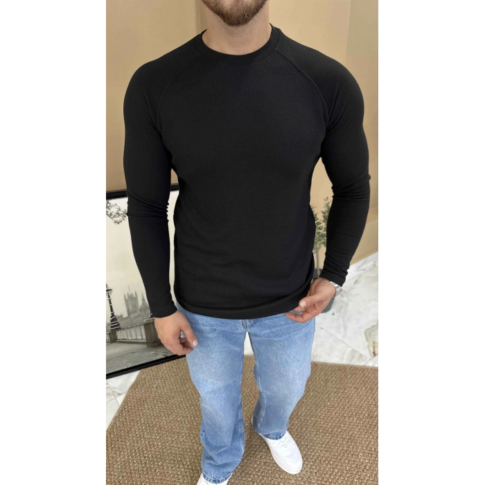 SİYAH REGLAN KOL WAFFLE DOKULU SWEAT
