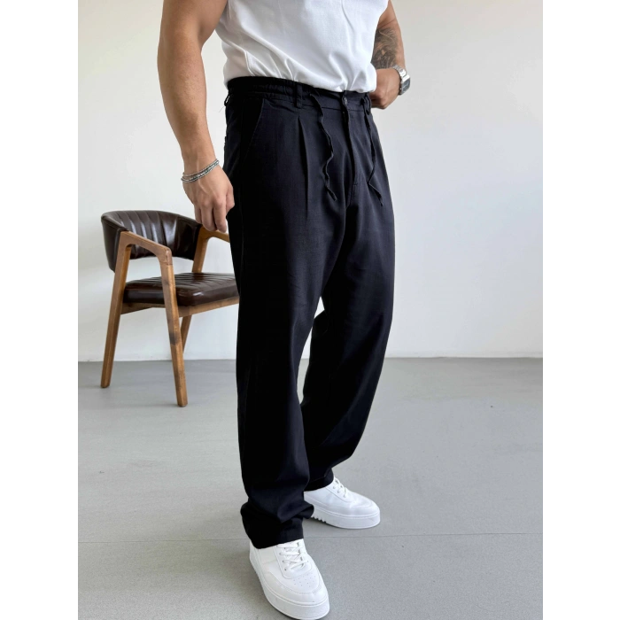 SİYAH TEK PİLELİ BAGGY KALIP KETEN PANTOLON