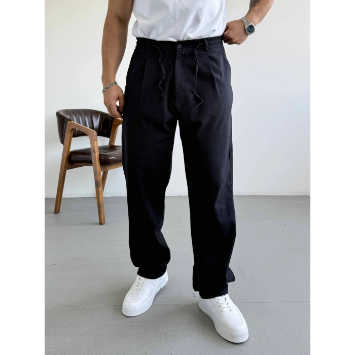 SİYAH TEK PİLELİ BAGGY KALIP KETEN PANTOLON