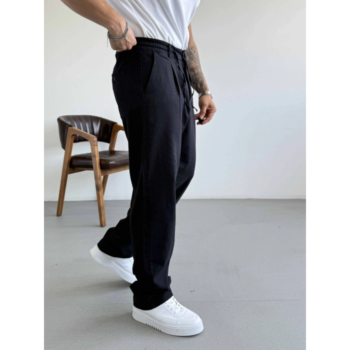 SİYAH TEK PİLELİ BAGGY KALIP KETEN PANTOLON