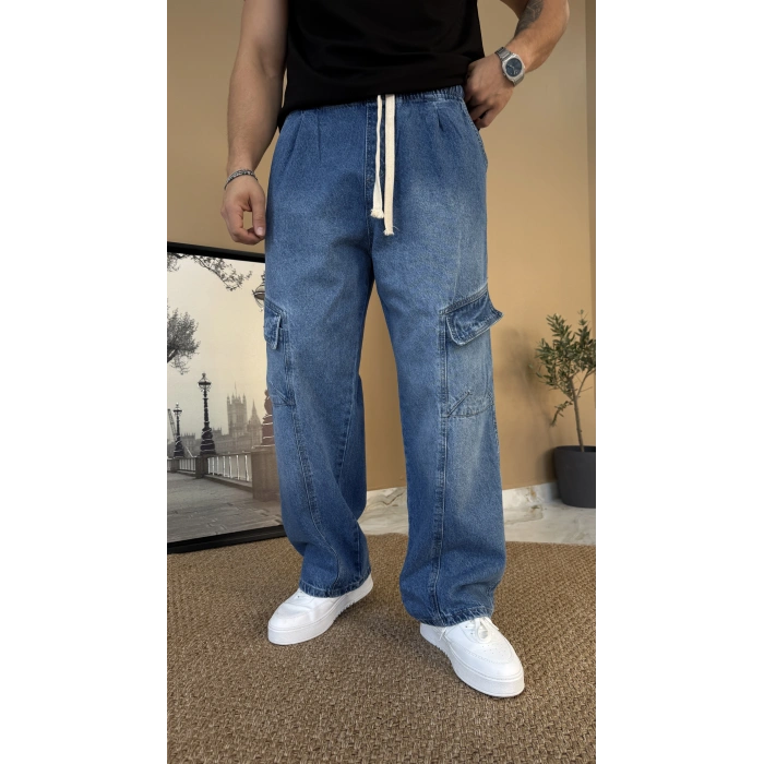 Taş Yıkamalı Kargo Cep Baggy Jean Eşofman Mavi