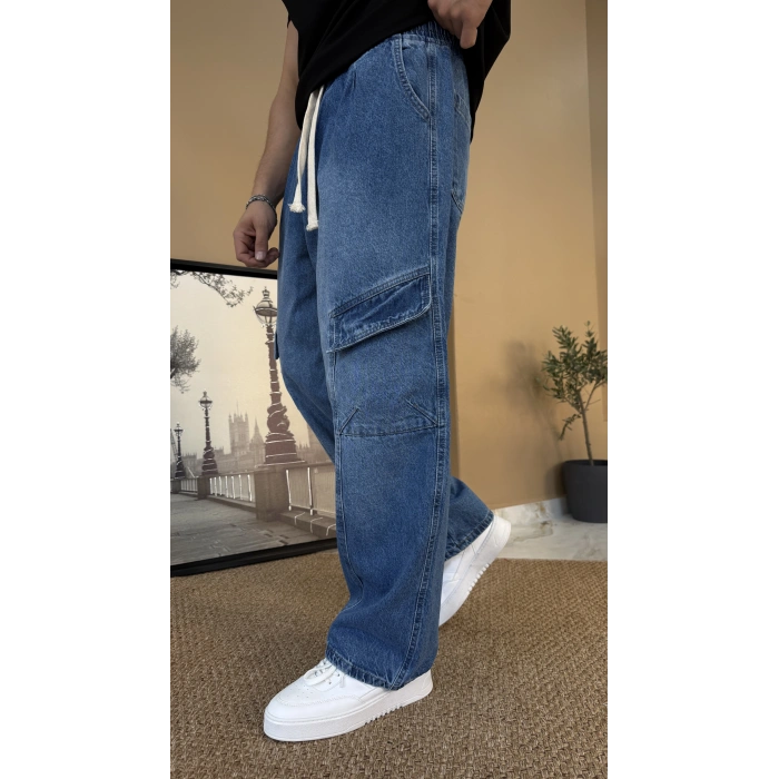 Taş Yıkamalı Kargo Cep Baggy Jean Eşofman Mavi