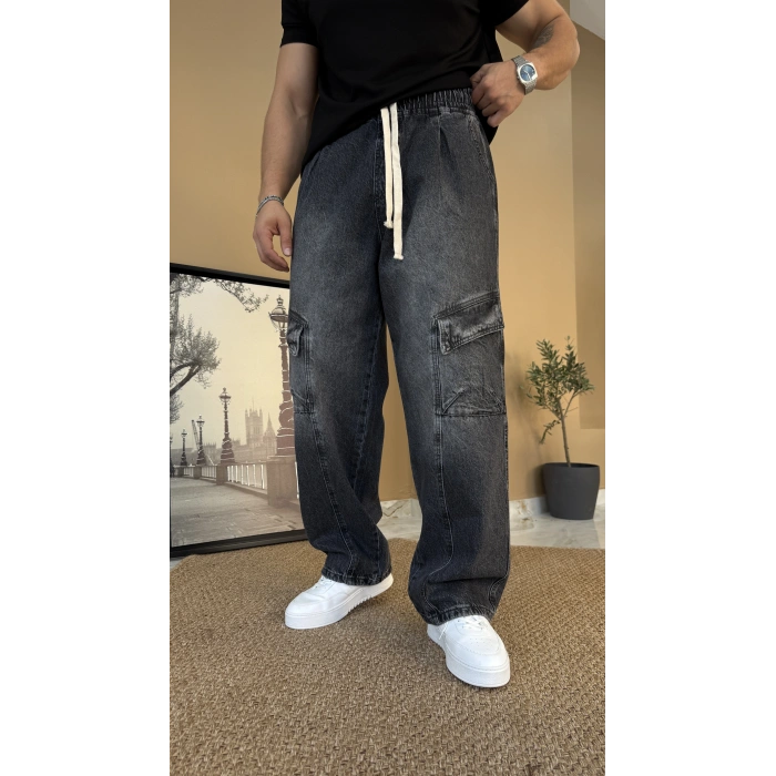 Taş Yıkamalı Kargo Cep Baggy Jean Eşofman Siyah