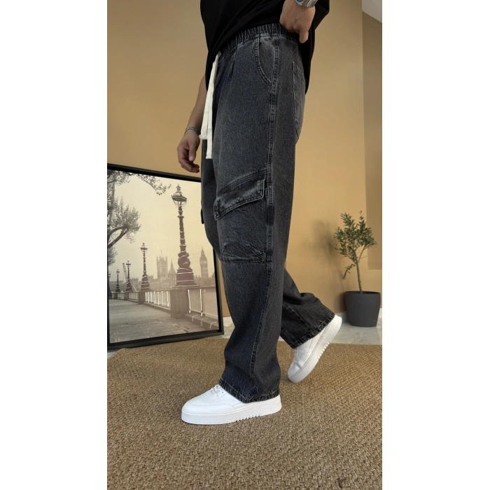 Taş Yıkamalı Kargo Cep Baggy Jean Eşofman Siyah