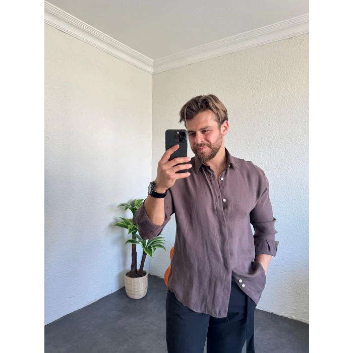 Tensel Kumaş Pat Düğme Gömlek Acı Kahve