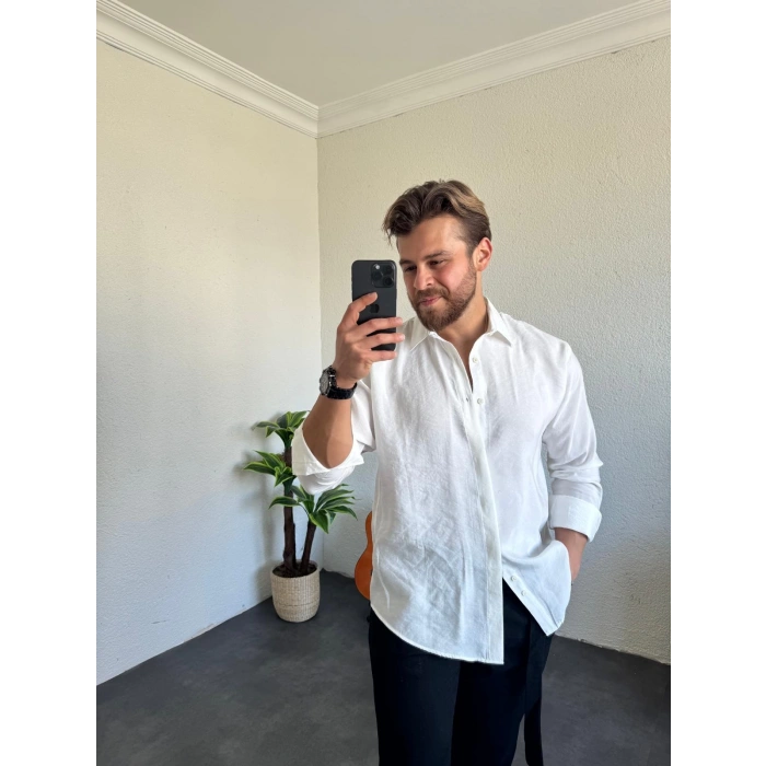 Tensel Kumaş Pat Düğme Gömlek Beyaz