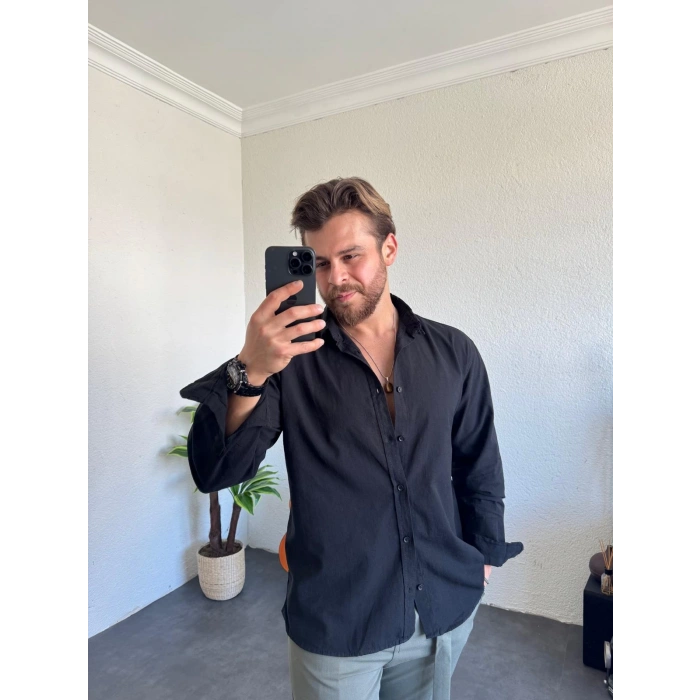 Tensel Kumaş Pat Düğme Gömlek Siyah