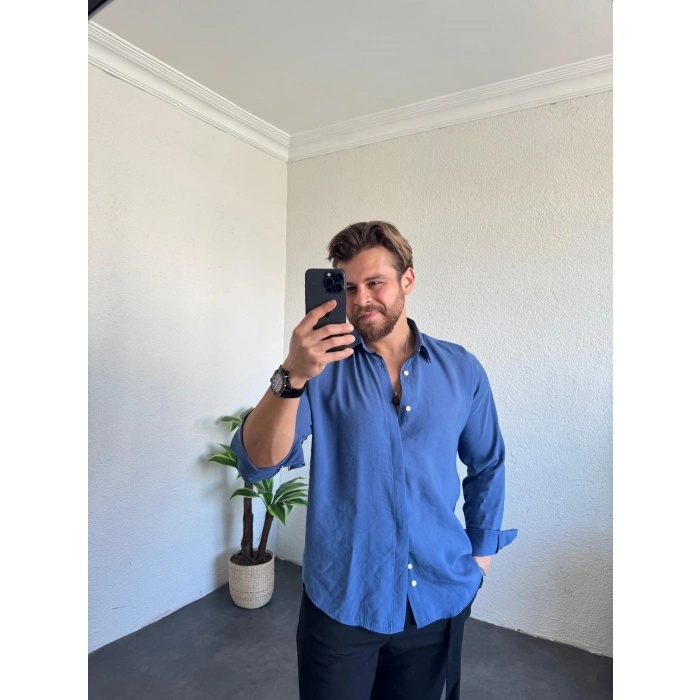 Tensel Kumaş Pat Düğme Gömlek İndigo