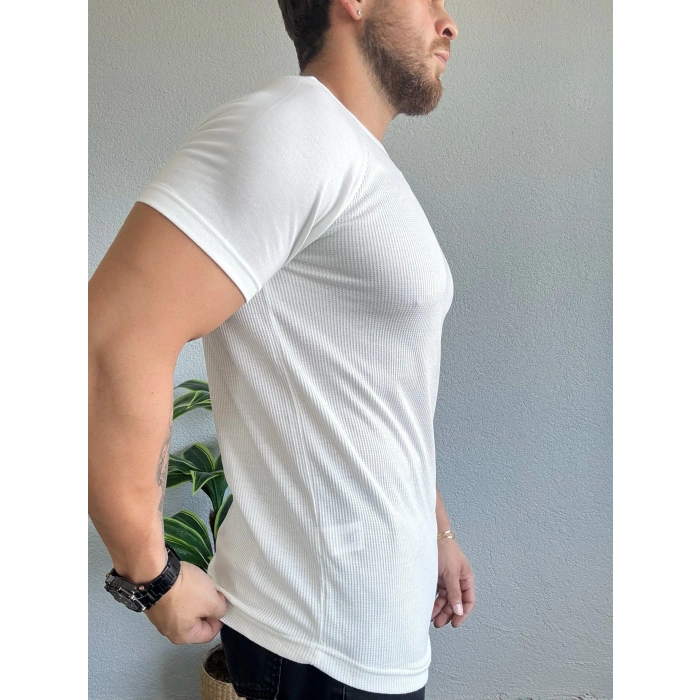 Waffle Kumaş Reglan Kol Basic Tişört Beyaz