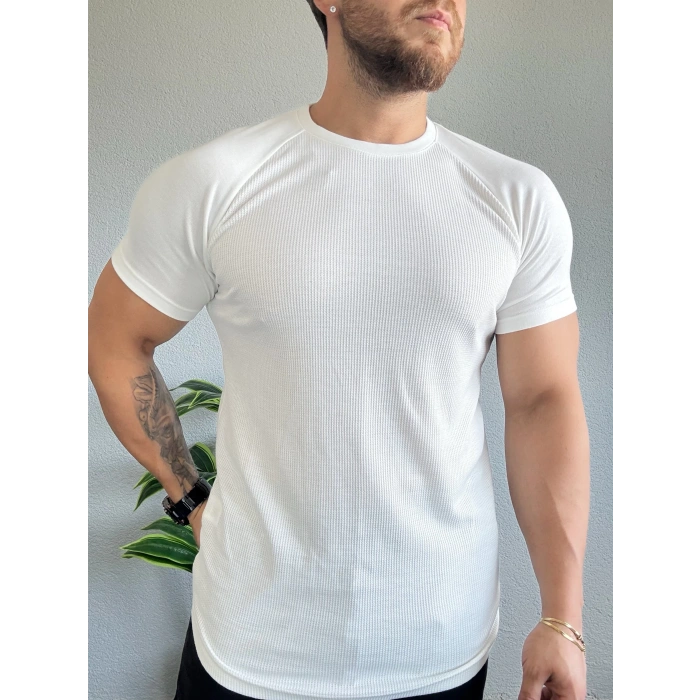 Waffle Kumaş Reglan Kol Basic Tişört Beyaz