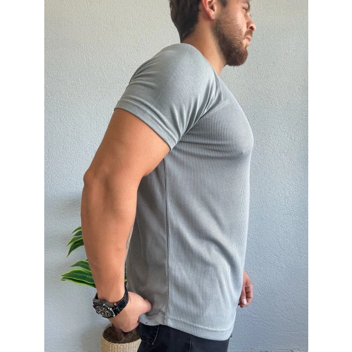 Waffle Kumaş Reglan Kol Basic Tişört Gri