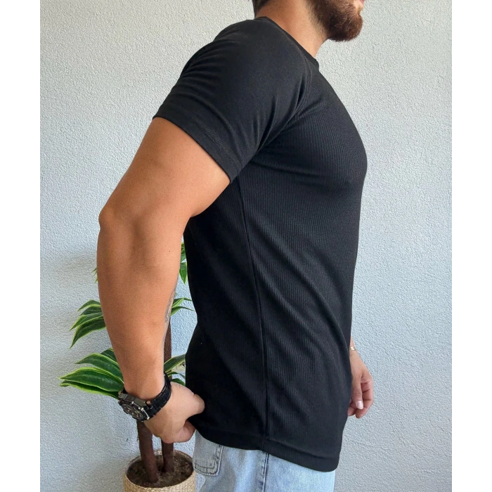 Waffle Kumaş Reglan Kol Basic Tişört Siyah
