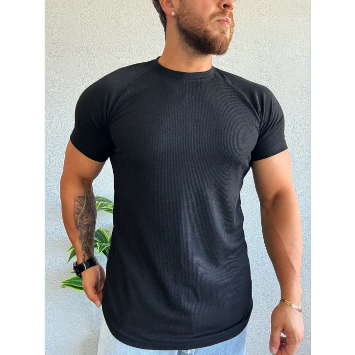 Waffle Kumaş Reglan Kol Basic Tişört Siyah