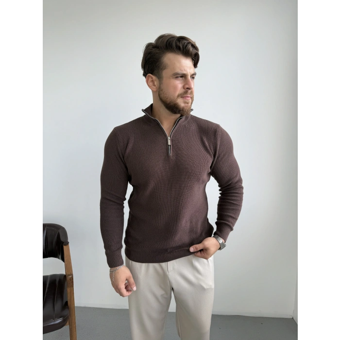 Yarım Fermuar Yaka Triko Kazak Kahve