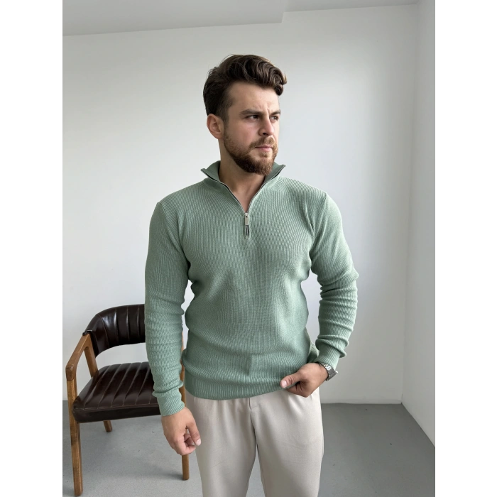 Yarım Fermuar Yaka Triko Kazak Yeşil