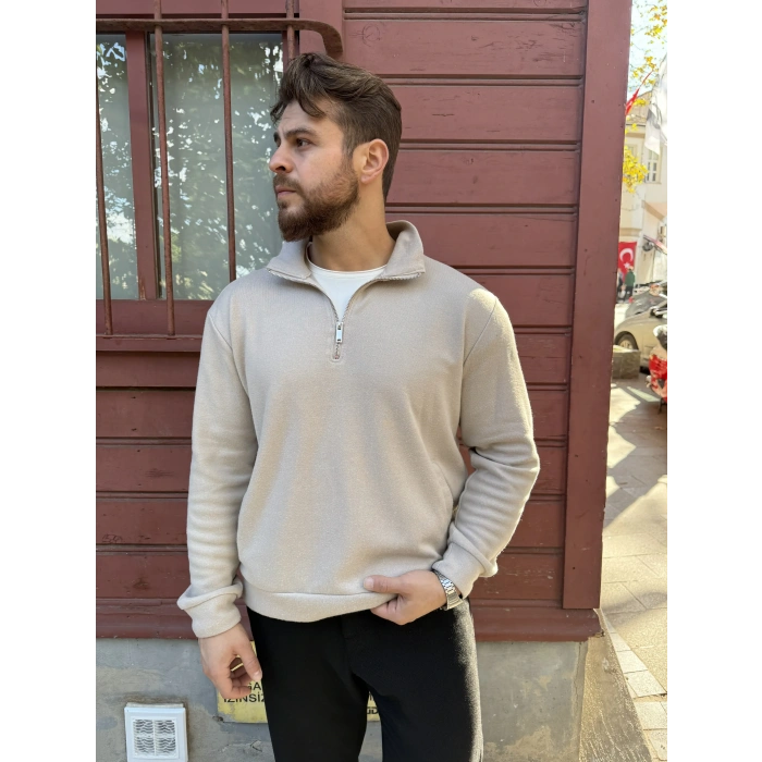 Yarım Fermuarlı Dik Yaka Sweat Bej