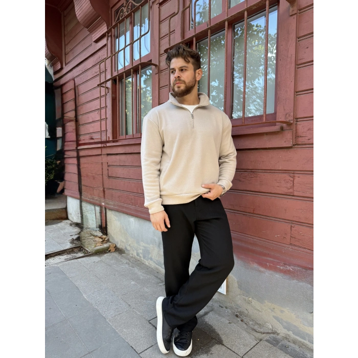 Yarım Fermuarlı Dik Yaka Sweat Bej